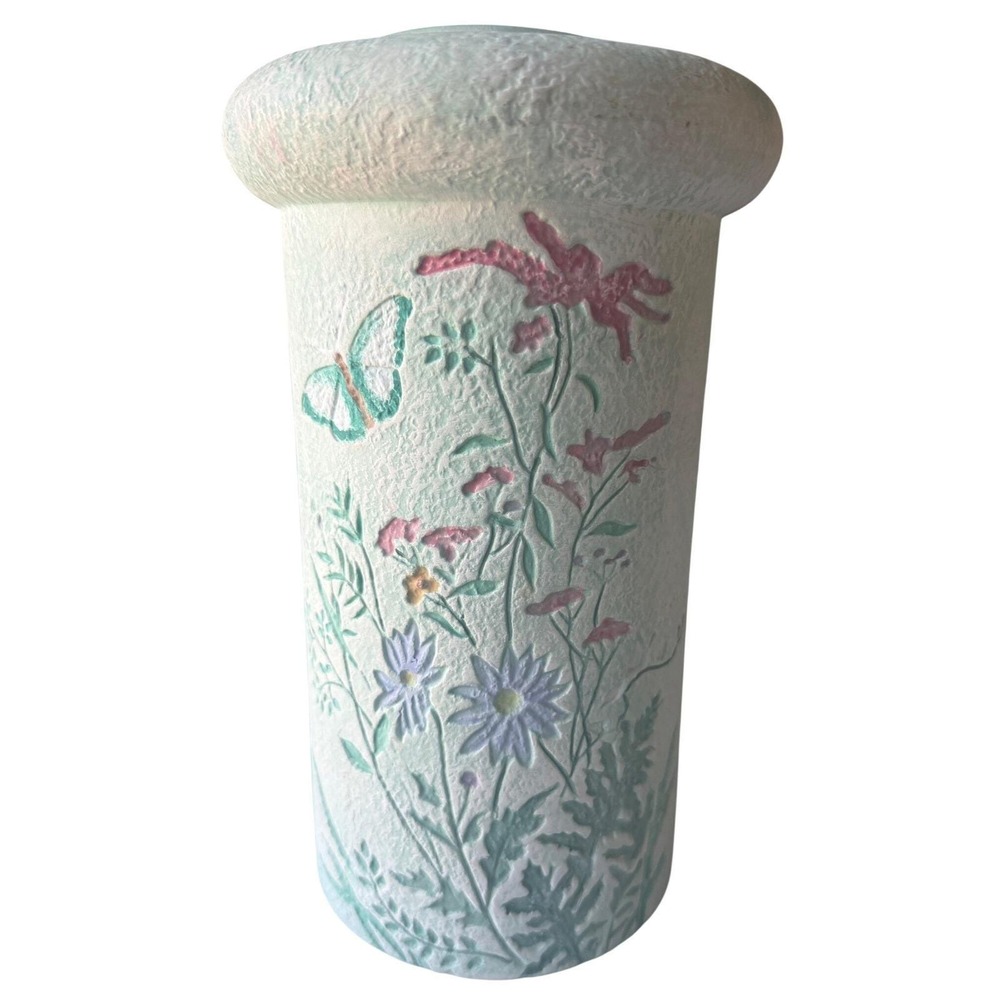 Signed 1980s Botanical Ceramic Vase & Candle Holder Cottagecore Mint Green - Picture 7 of 11
